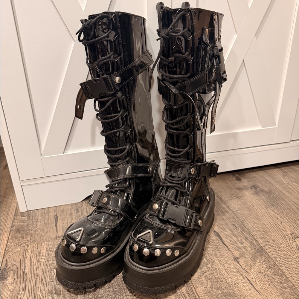 Knee High Gothic Goth Black Boots Women’s Size 7 7.5 Demonia Smooth Vegan